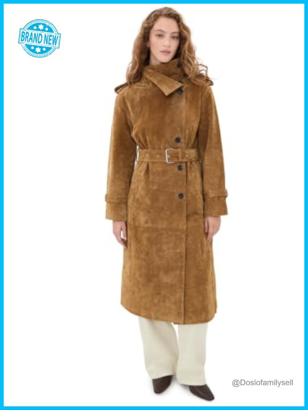 Funnel Neck Slouchy Suede Trench Coat Long Sleeve Leather Self-Belt